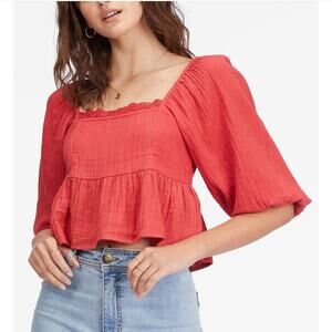 NWT Billabong Top Cross My Heart Smocked Puff Sleeve Cropped Red Juniors L $50